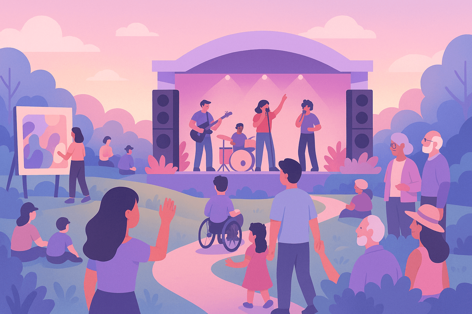Illustrazione di un concerto all'aperto con un pubblico inclusivo, tra cui una persona in sedia a rotelle, che assiste a una band su un palco